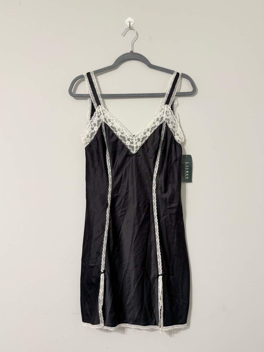Lauren Ralph Lauren Black Satin Slip Lace Trim Dress